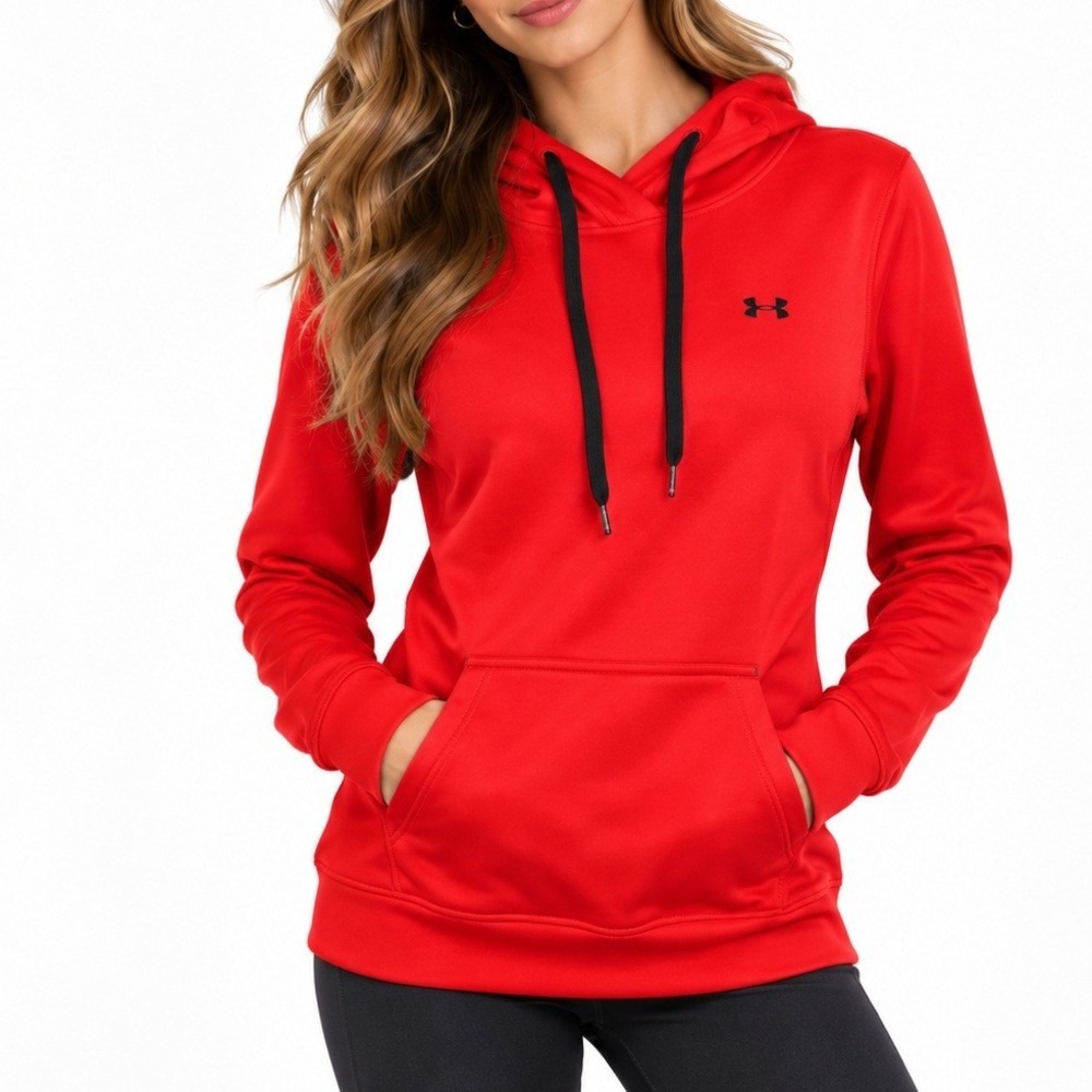 Under Armour Womens Semi Fitted Pullover Hoodie Red Small Activewear Logo Pocket